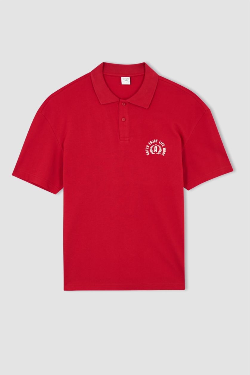 رجال أحمر تيشيرت بولو بيكة مطبوع أوفر سايز بياقة بولو