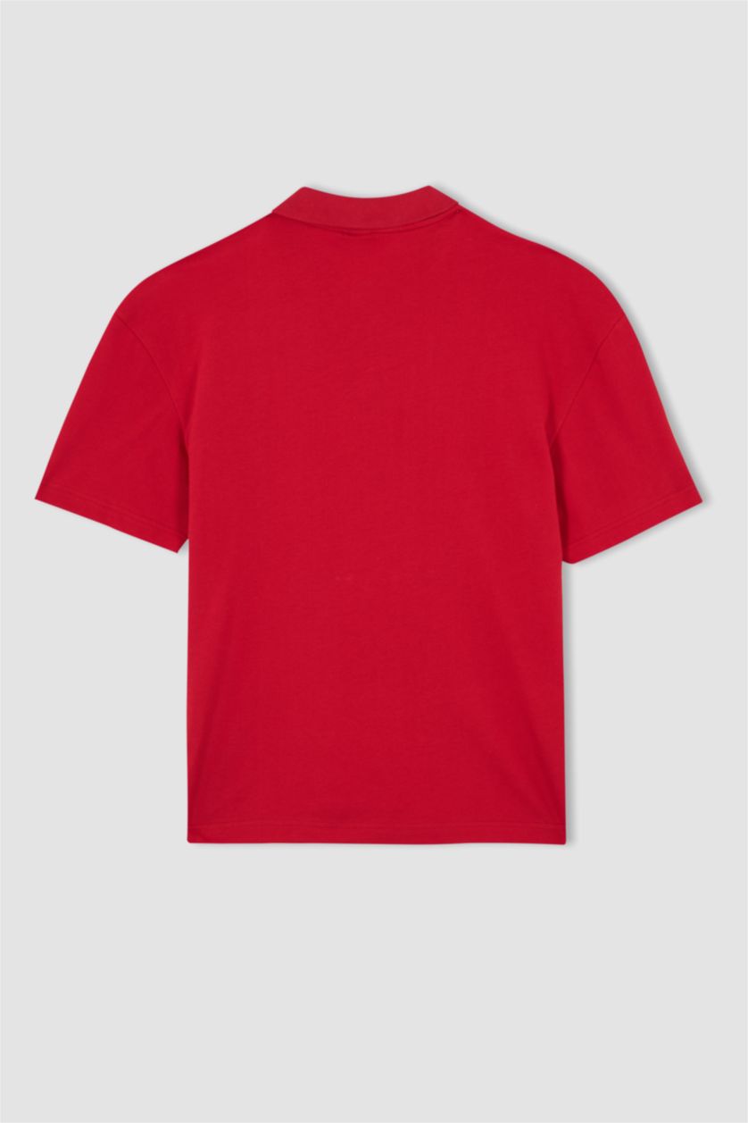 رجال أحمر تيشيرت بولو بيكة مطبوع أوفر سايز بياقة بولو