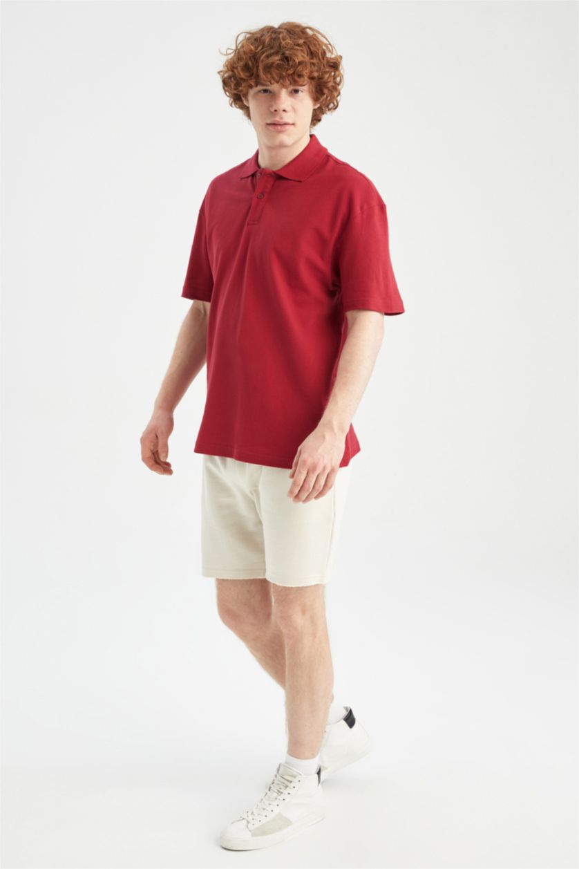 MAN Bordeaux Boxy Fit Pique Short Sleeve Polo T-Shirt