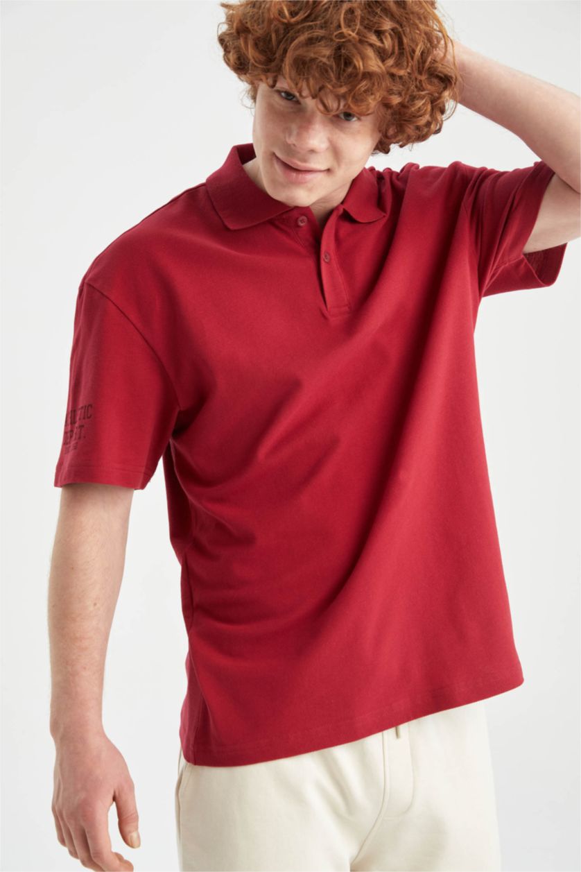 MAN Bordeaux Boxy Fit Pique Short Sleeve Polo T-Shirt