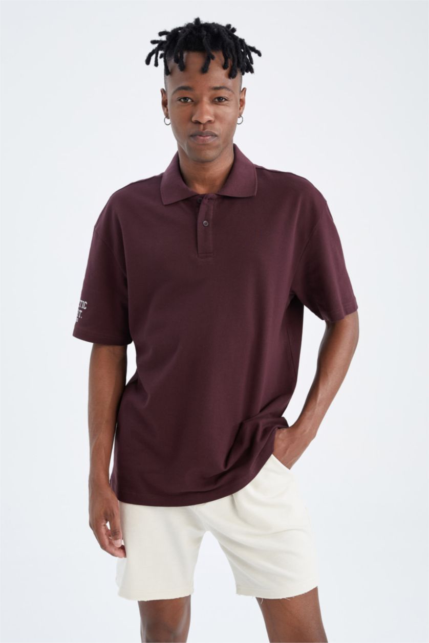 MAN Dark Purple Boxy Fit Polo Neck Printed Cotton Combed Cotton T-Shirt