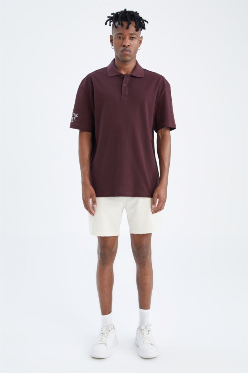 MAN Dark Purple Boxy Fit Polo Neck Printed Cotton Combed Cotton T-Shirt