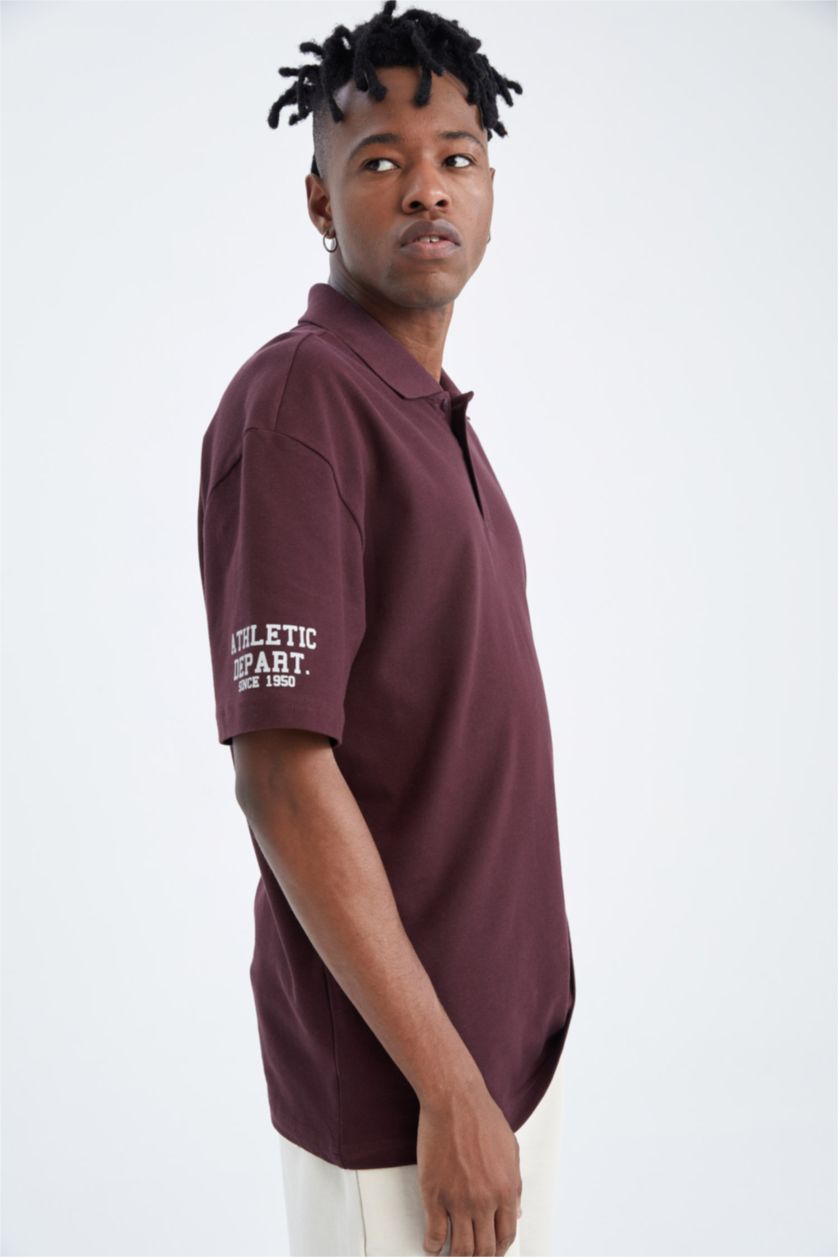 MAN Dark Purple Boxy Fit Polo Neck Printed Cotton Combed Cotton T-Shirt