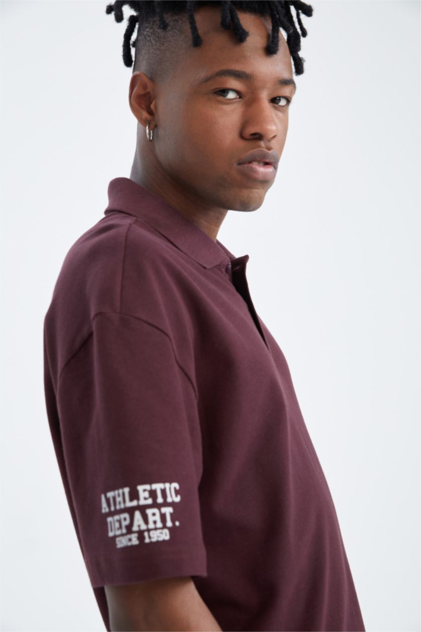 MAN Dark Purple Boxy Fit Polo Neck Printed Cotton Combed Cotton T-Shirt