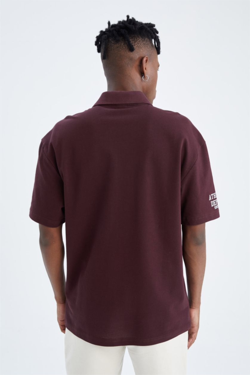 MAN Dark Purple Boxy Fit Polo Neck Printed Cotton Combed Cotton T-Shirt
