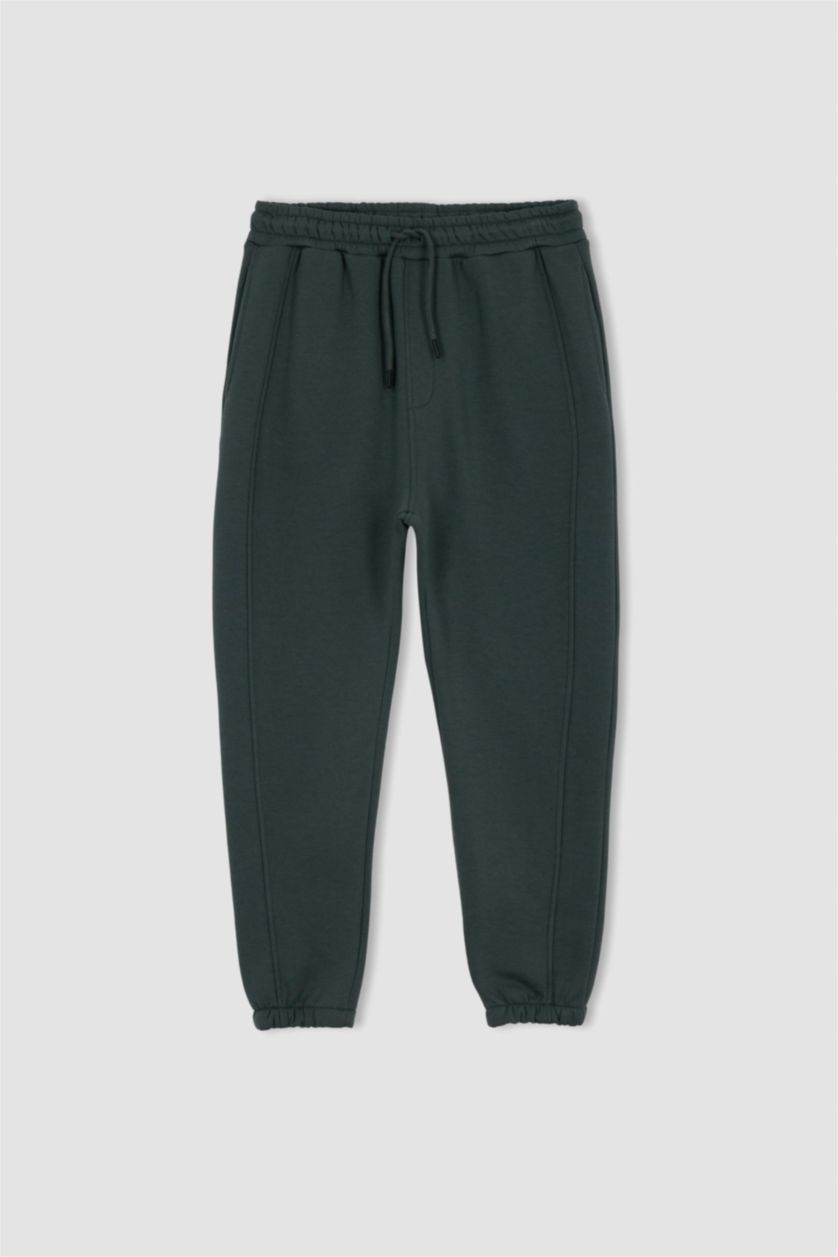 Erkek Yeşil DeFactoFit Jogger Eşofman Altı Standart Fit Beli Bağcıklı Lastikli Paça Basic Düz Cepli