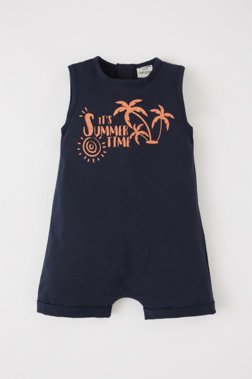 BABY BOY NAVY Regular Fit Crew Neck Tropical Patterned Jumpsuit