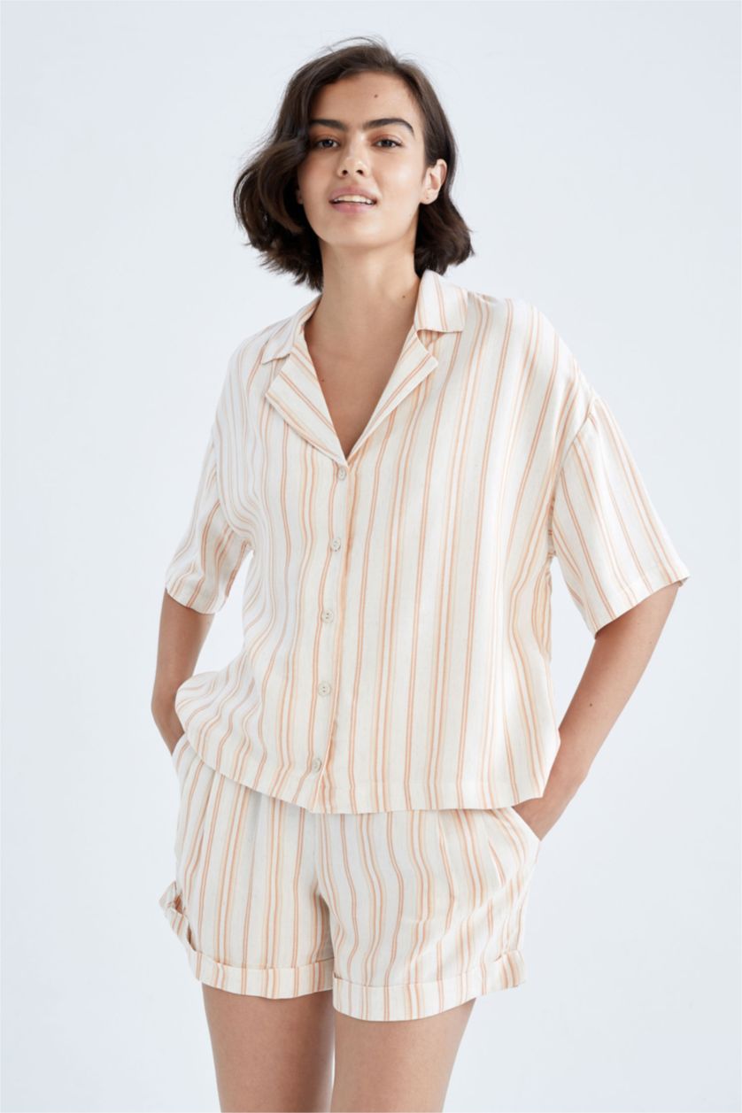 Женщины Бежевый Relax Fit Linen Blended Short Sleeve Shirt