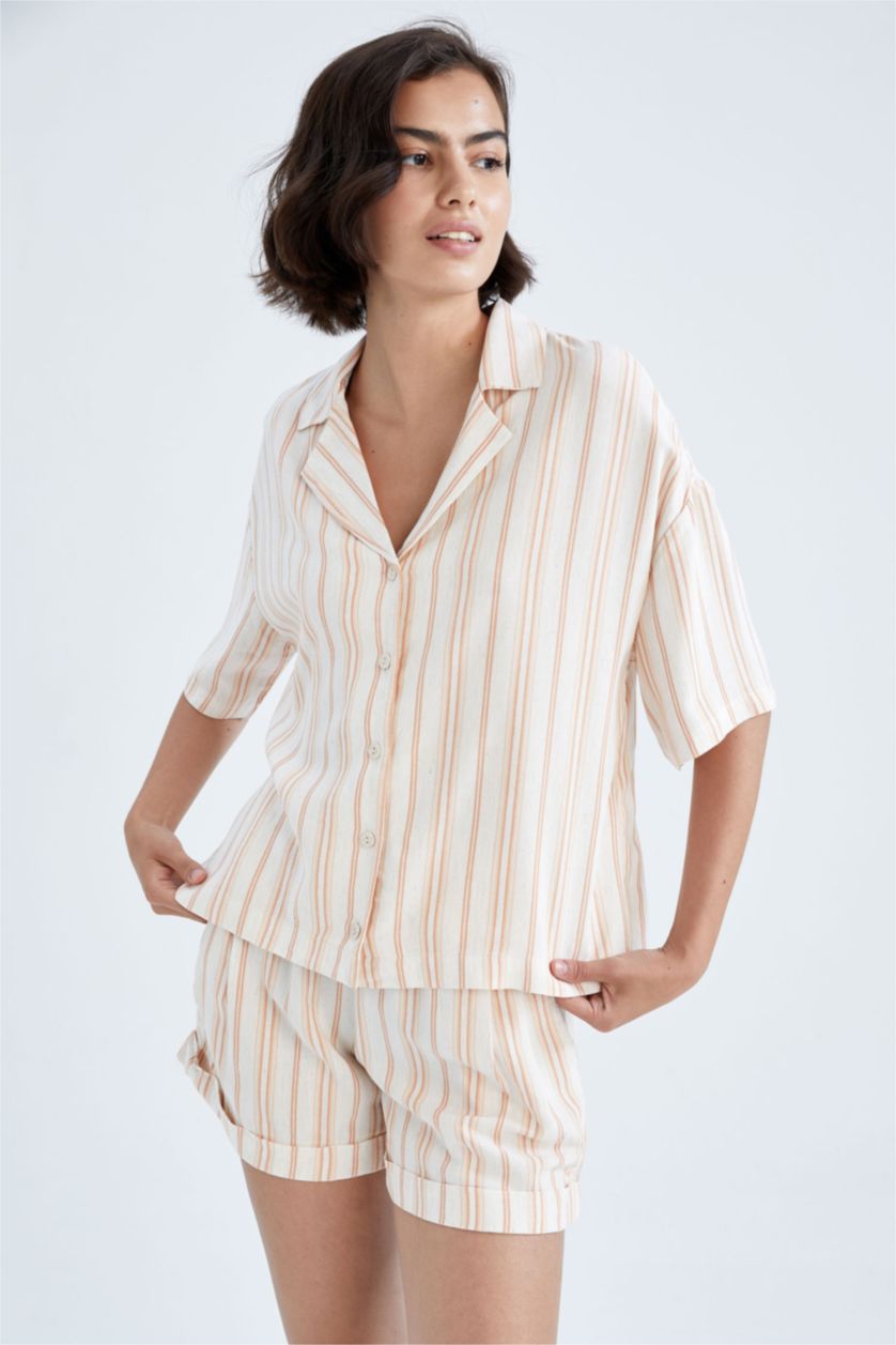 Женщины Бежевый Relax Fit Linen Blended Short Sleeve Shirt