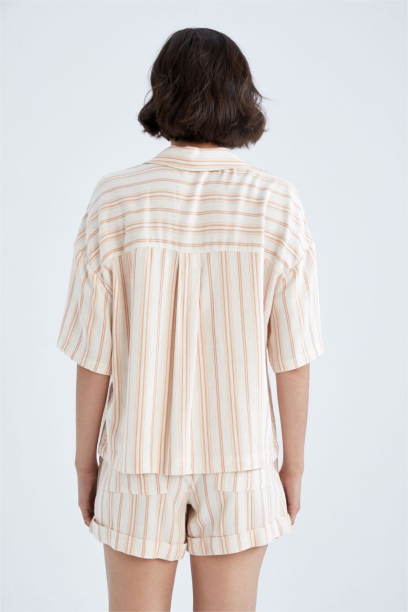 Женщины Бежевый Relax Fit Linen Blended Short Sleeve Shirt