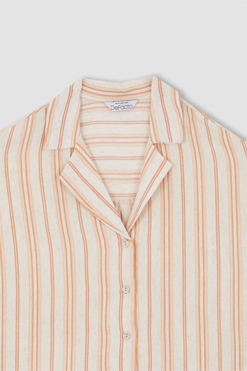 Женщины Бежевый Relax Fit Linen Blended Short Sleeve Shirt