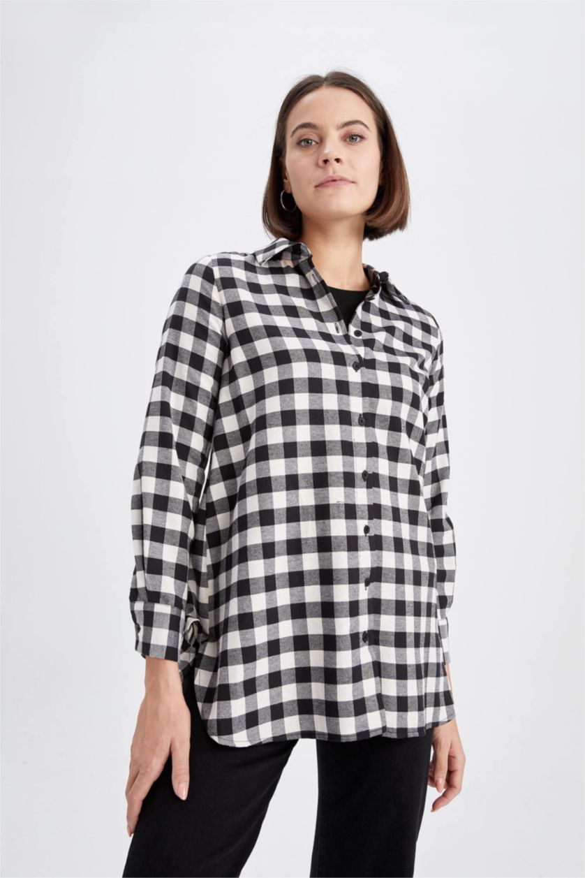 WOMAN Black Regular Fit Flanel Shirt Collar Plaid Long Sleeve Tunic