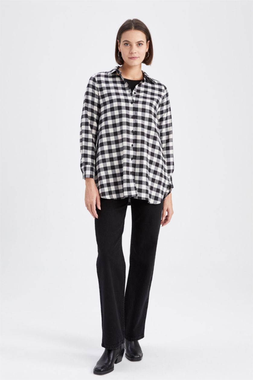 WOMAN Black Regular Fit Flanel Shirt Collar Plaid Long Sleeve Tunic