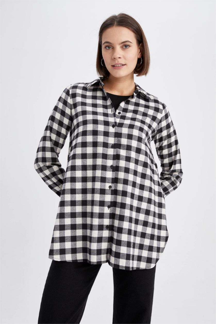 WOMAN Black Regular Fit Flanel Shirt Collar Plaid Long Sleeve Tunic