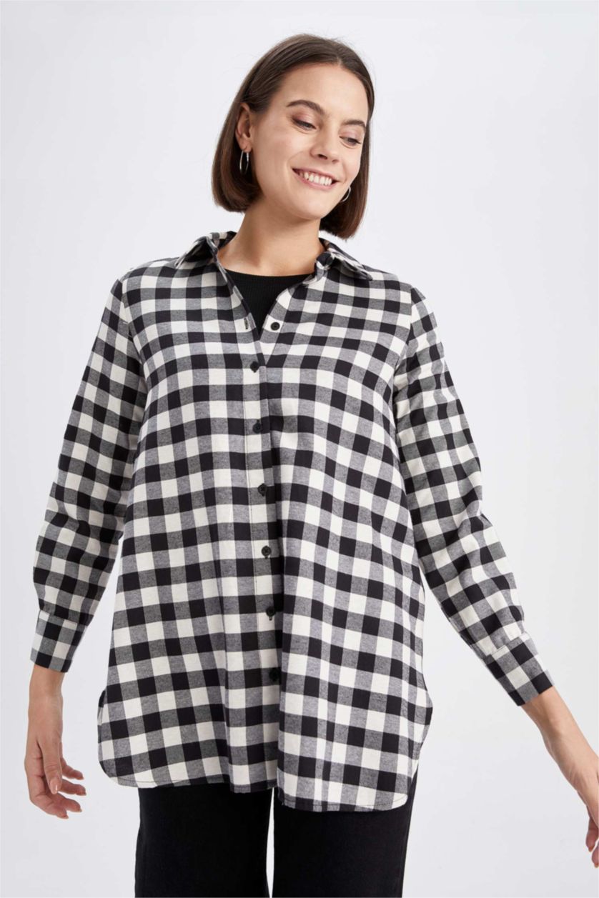 WOMAN Black Regular Fit Flanel Shirt Collar Plaid Long Sleeve Tunic