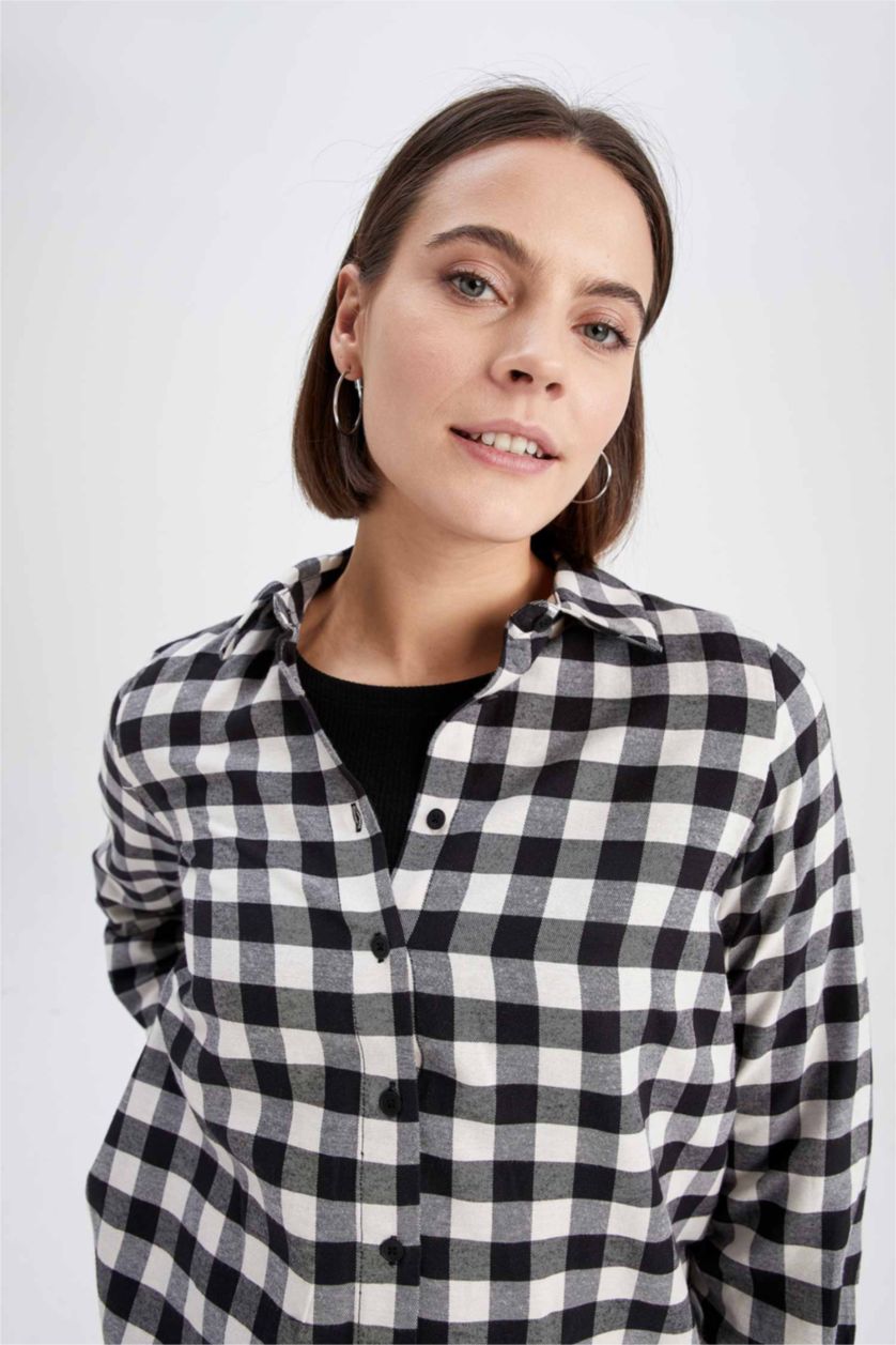 WOMAN Black Regular Fit Flanel Shirt Collar Plaid Long Sleeve Tunic