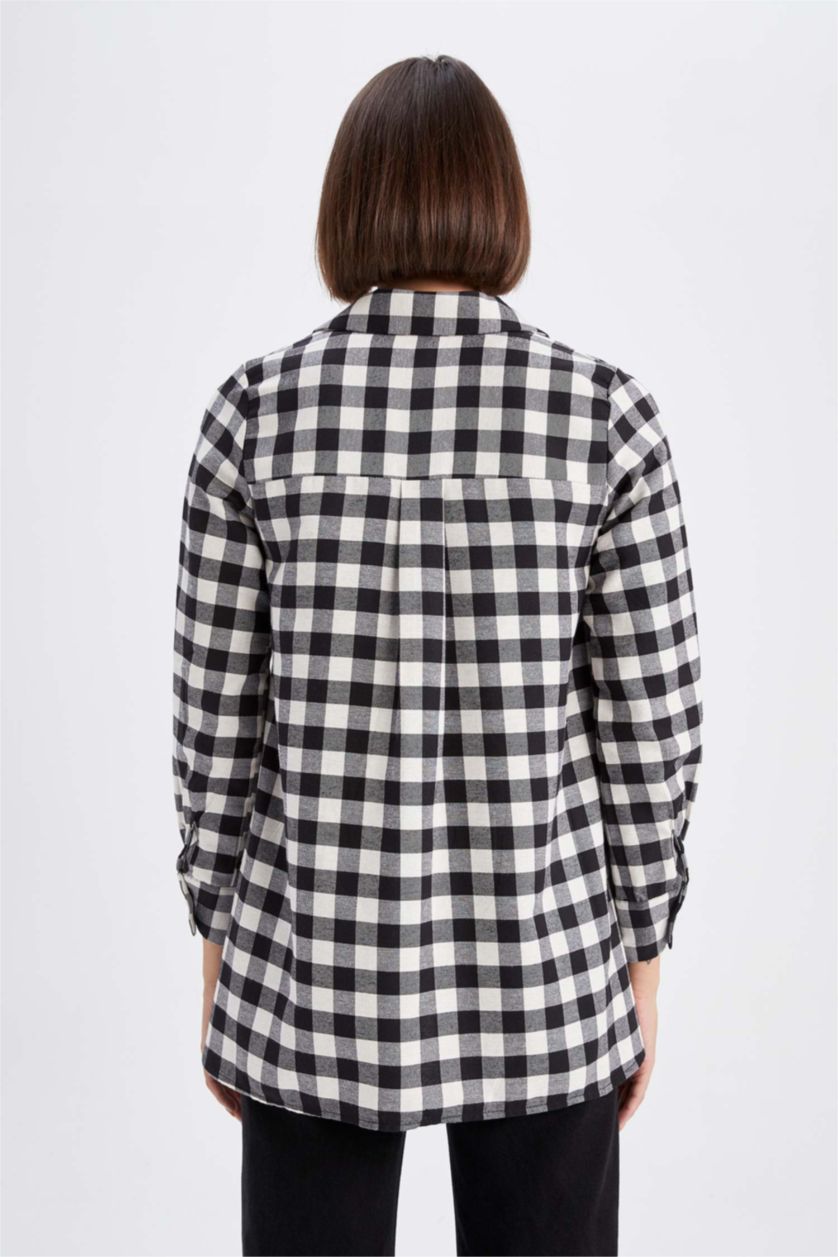 WOMAN Black Regular Fit Flanel Shirt Collar Plaid Long Sleeve Tunic