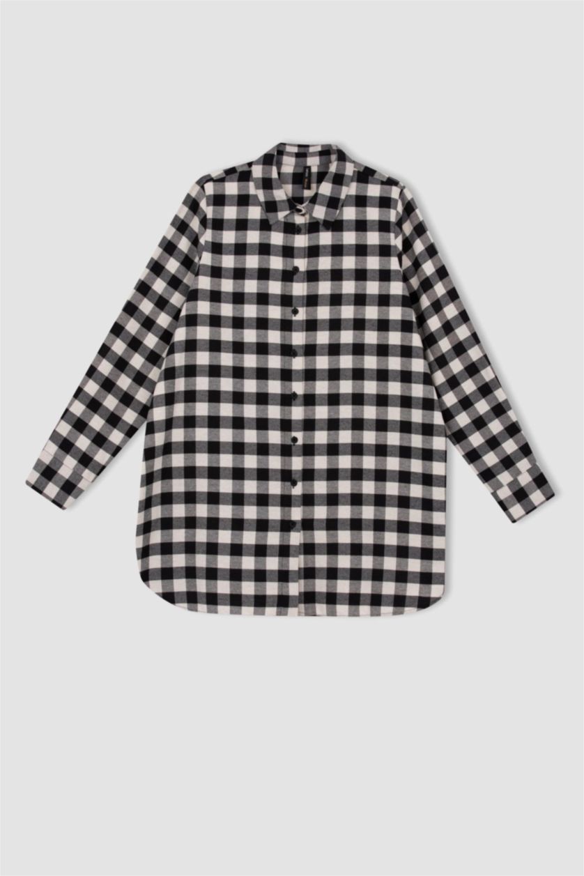 WOMAN Black Regular Fit Flanel Shirt Collar Plaid Long Sleeve Tunic