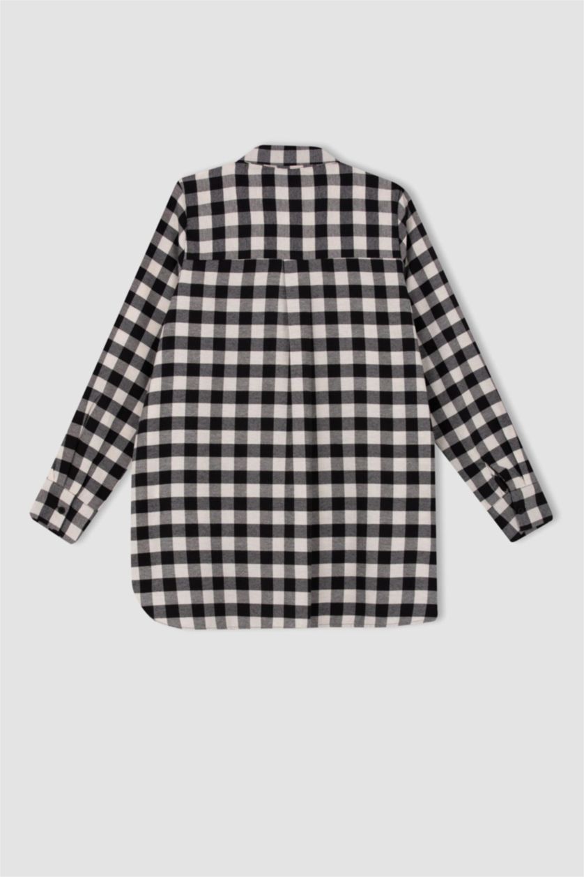 WOMAN Black Regular Fit Flanel Shirt Collar Plaid Long Sleeve Tunic