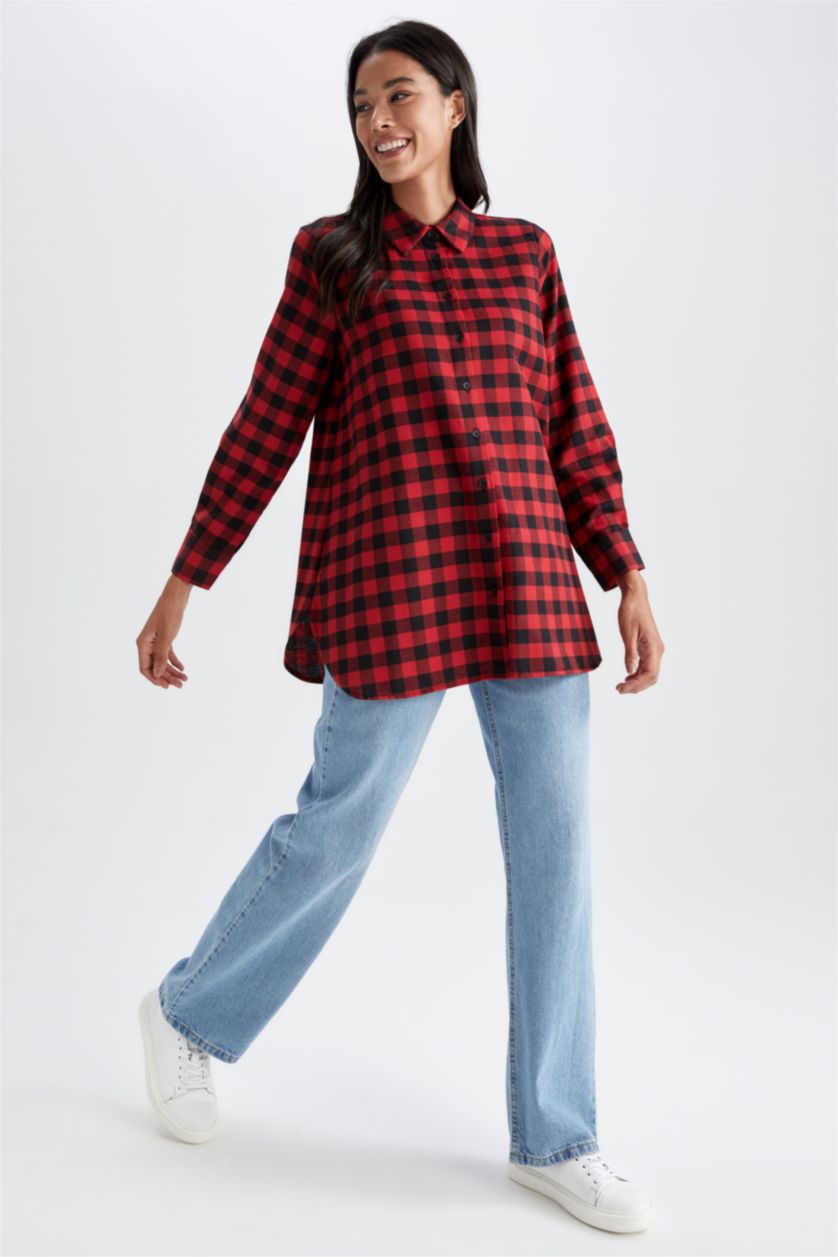 FEMME Rouge Tunique À Manches Longues Flanelle Coupe Régulière Carreaux Col De Chemise