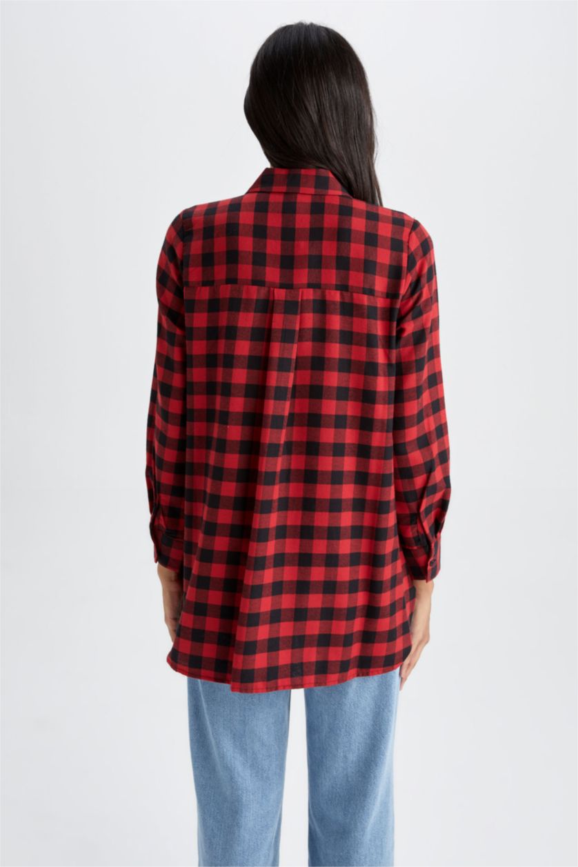 FEMME Rouge Tunique À Manches Longues Flanelle Coupe Régulière Carreaux Col De Chemise