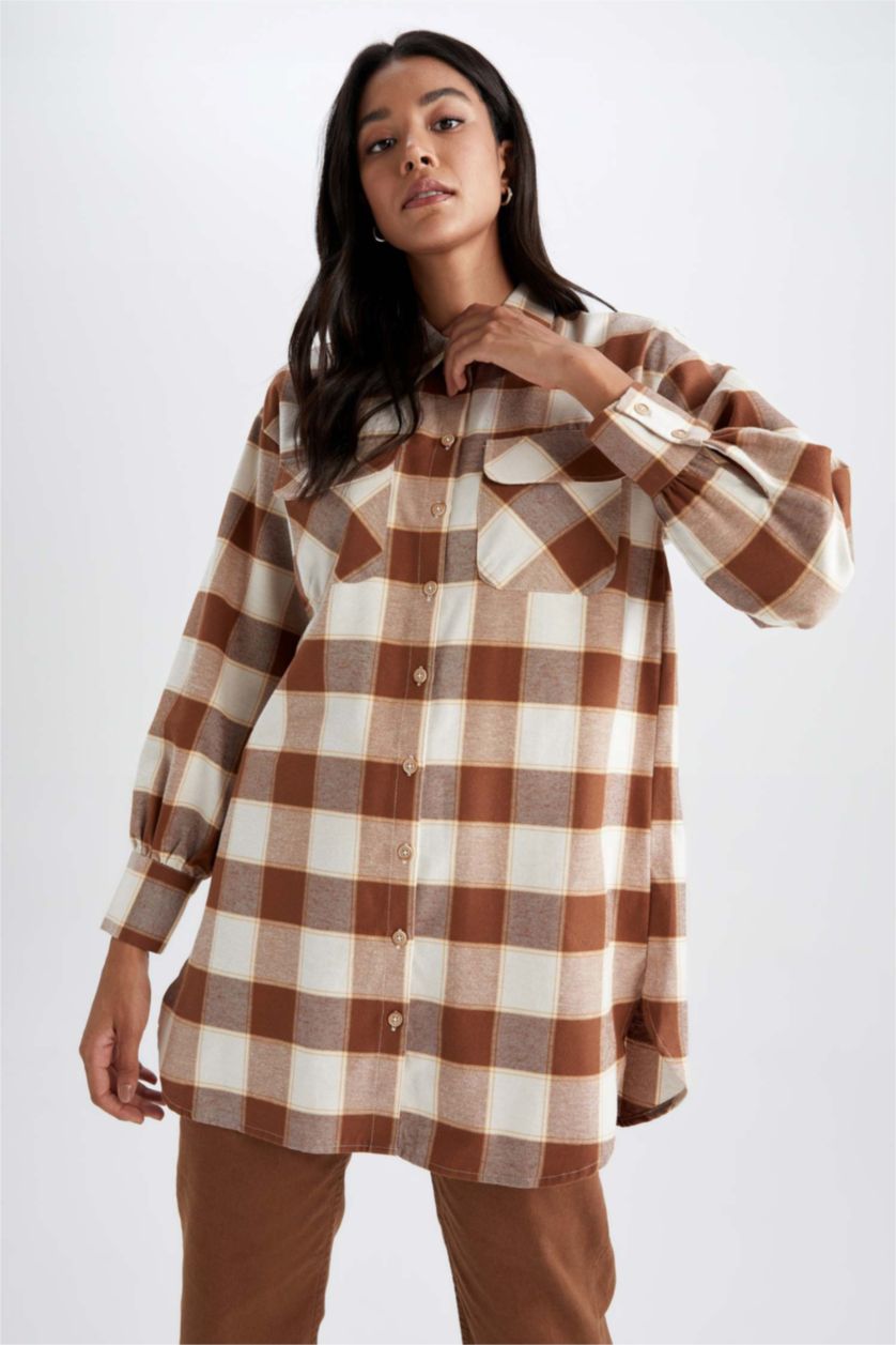 WOMAN Yellow Relax Fit Plaid Patterned Pocket Detailed Flannel Shirt Tunic