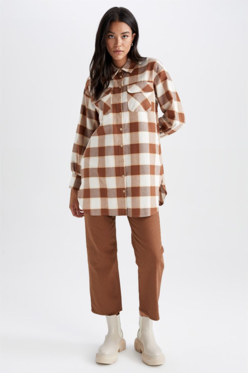 WOMAN Yellow Relax Fit Plaid Patterned Pocket Detailed Flannel Shirt Tunic