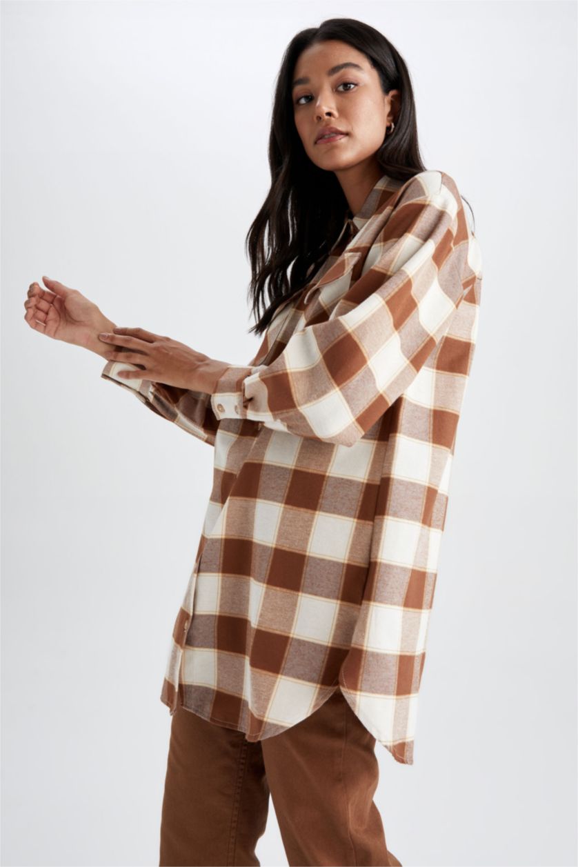 WOMAN Yellow Relax Fit Plaid Patterned Pocket Detailed Flannel Shirt Tunic