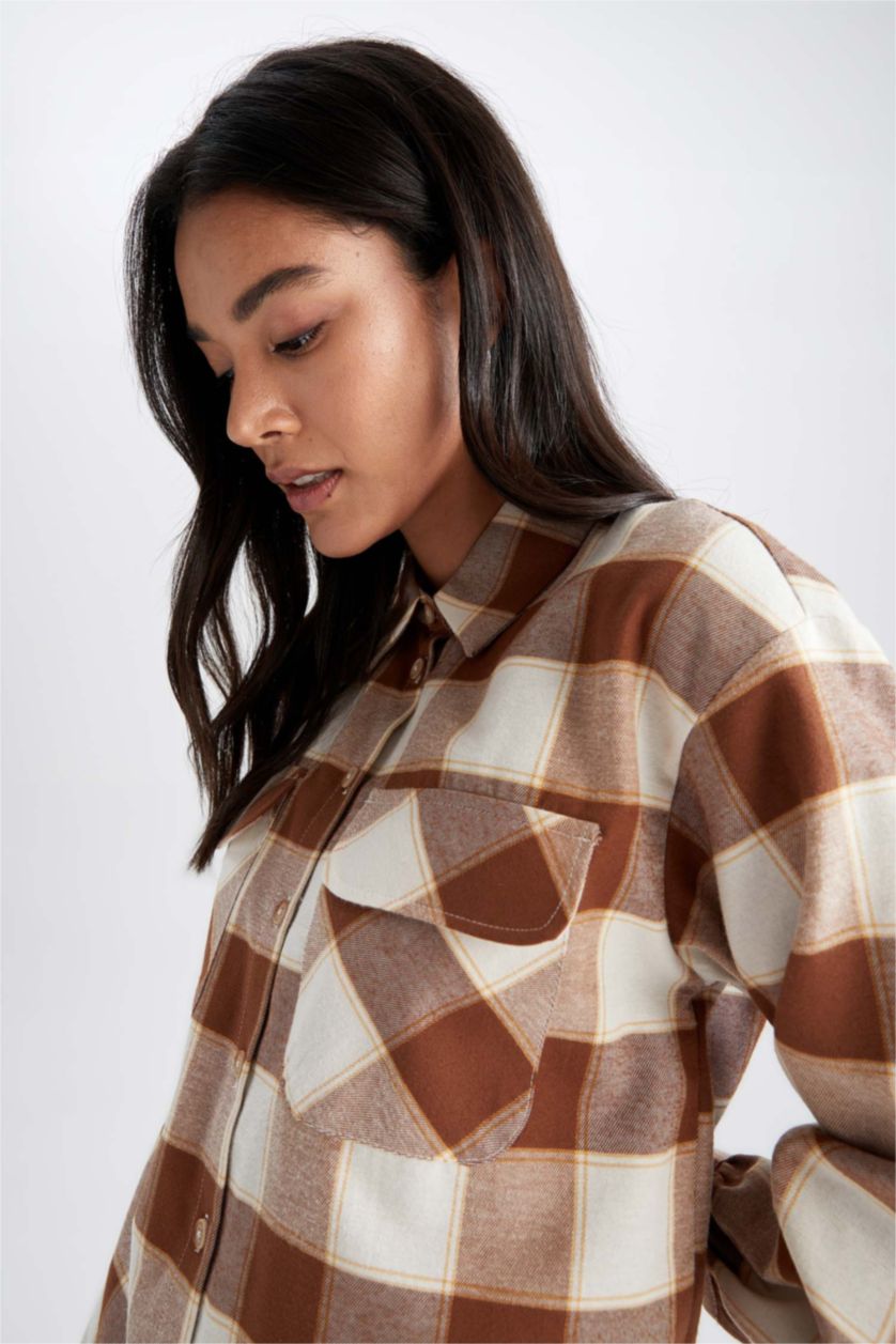 WOMAN Yellow Relax Fit Plaid Patterned Pocket Detailed Flannel Shirt Tunic