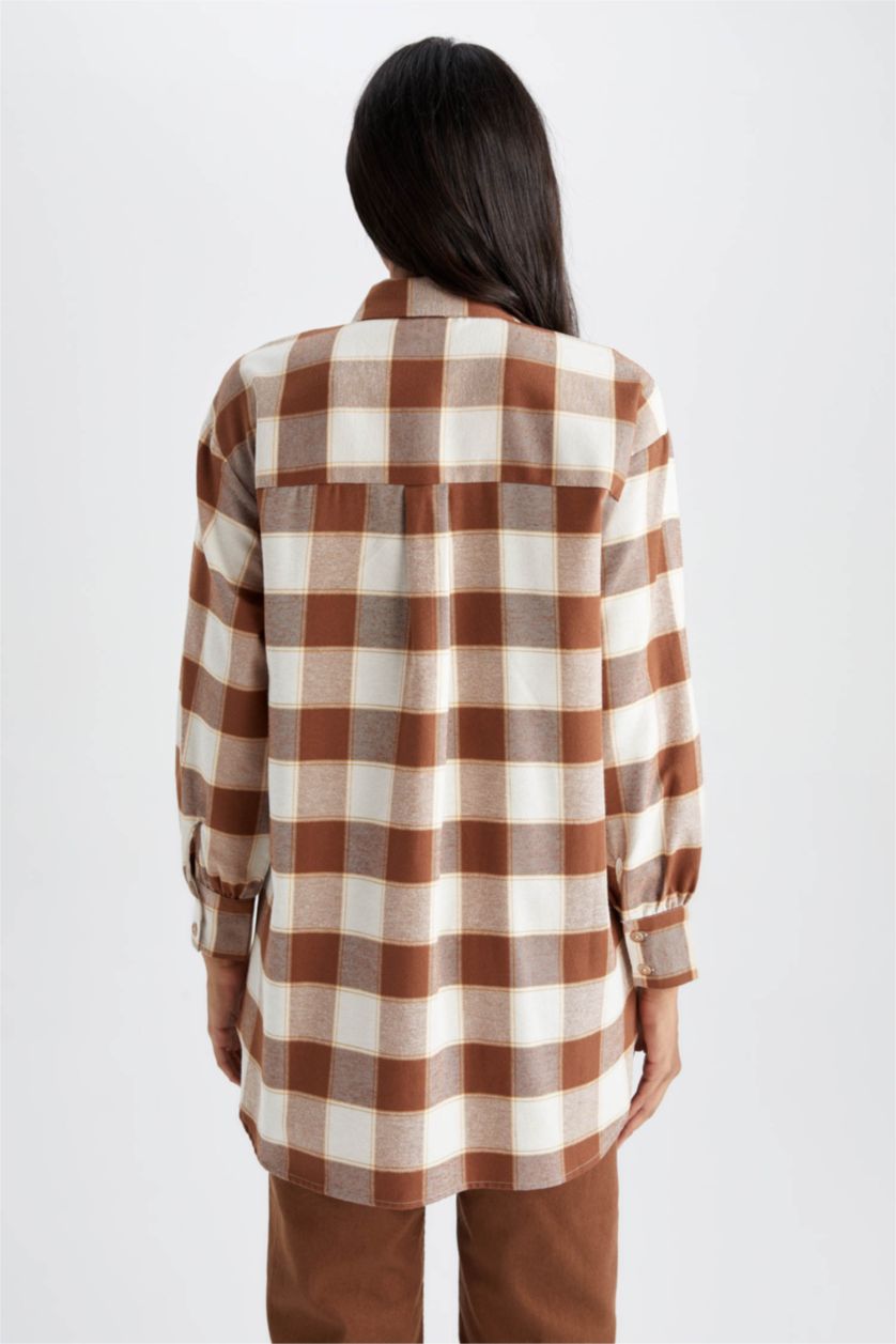 WOMAN Yellow Relax Fit Plaid Patterned Pocket Detailed Flannel Shirt Tunic