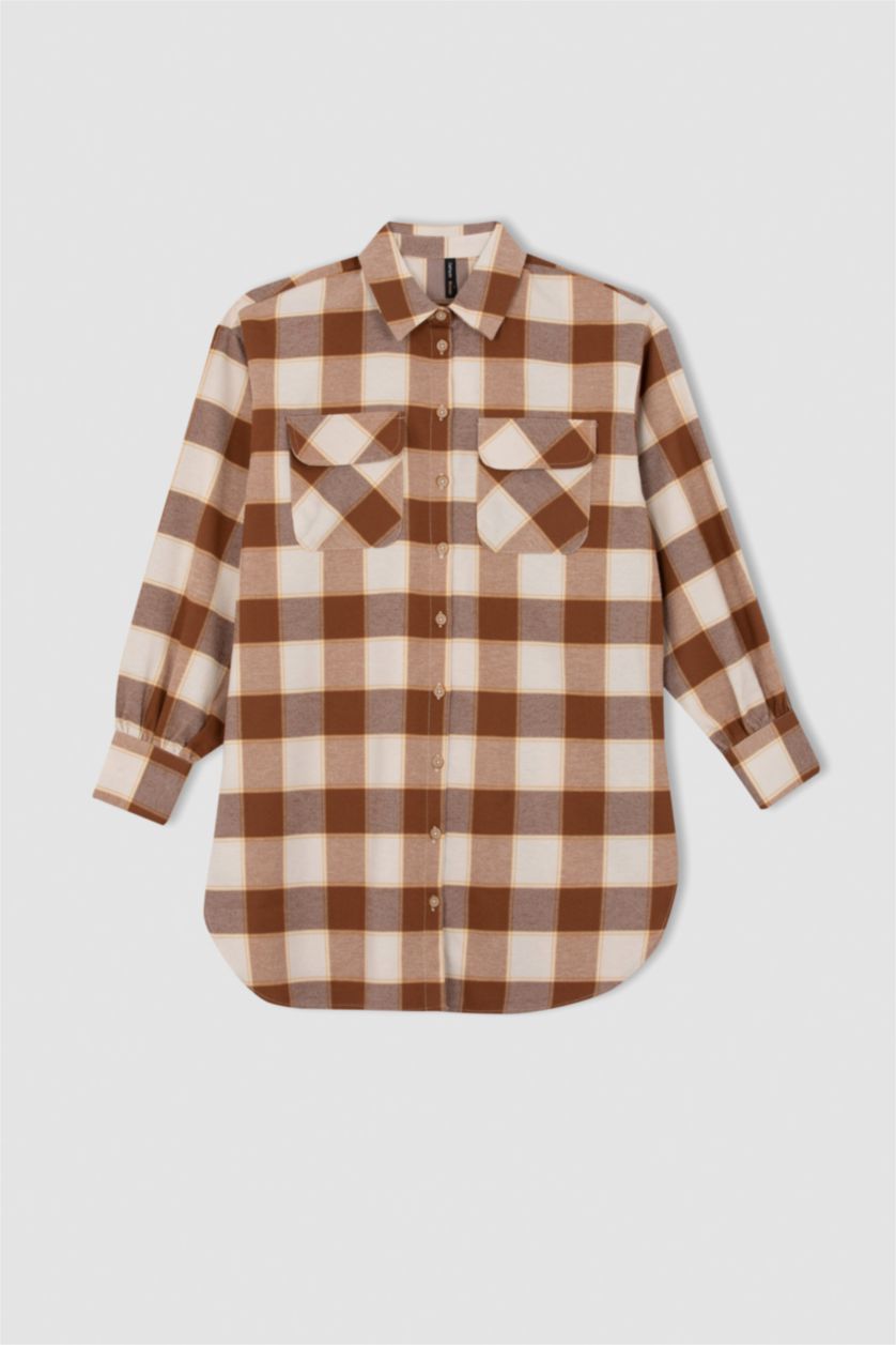 WOMAN Yellow Relax Fit Plaid Patterned Pocket Detailed Flannel Shirt Tunic