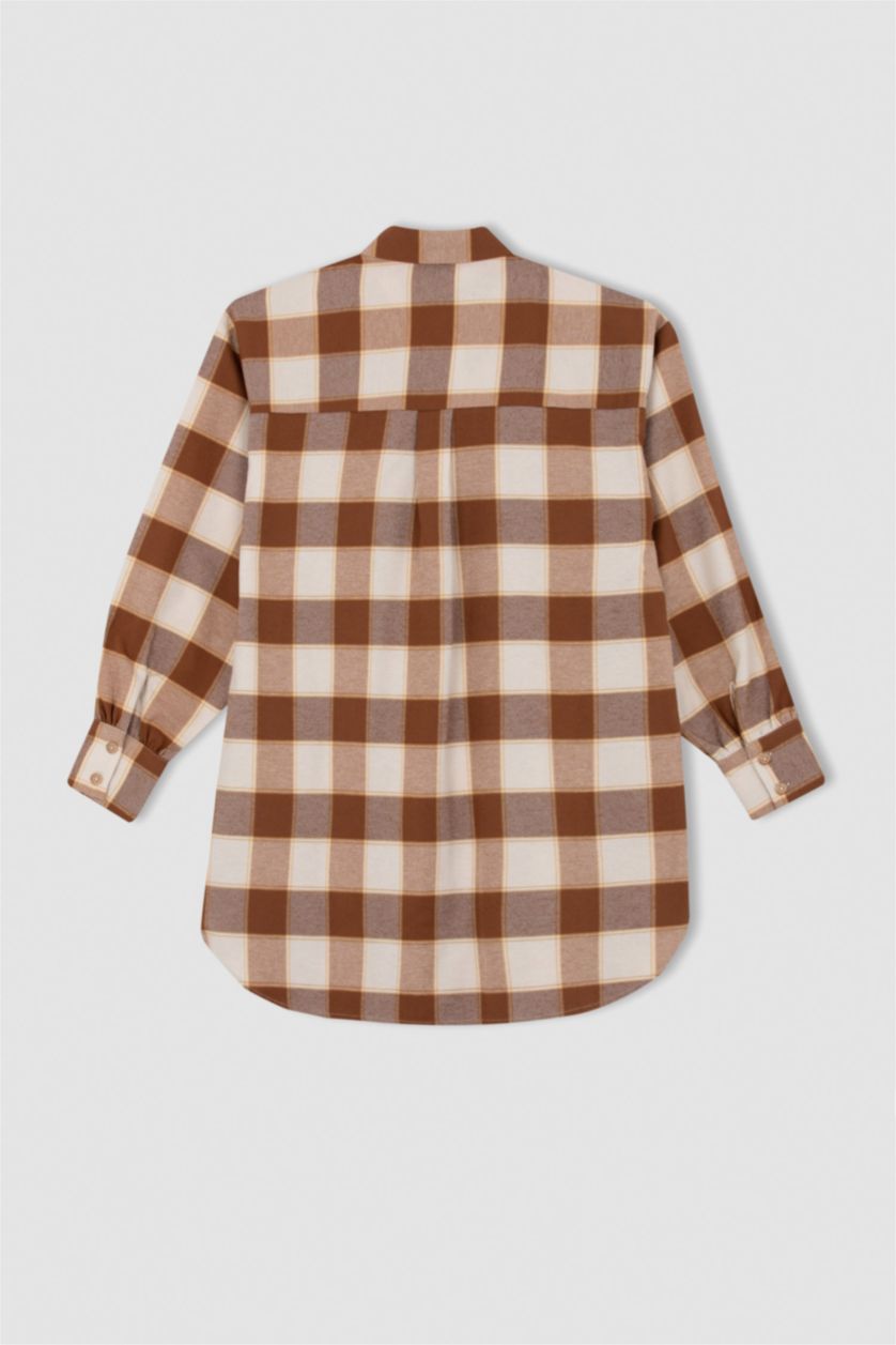 WOMAN Yellow Relax Fit Plaid Patterned Pocket Detailed Flannel Shirt Tunic