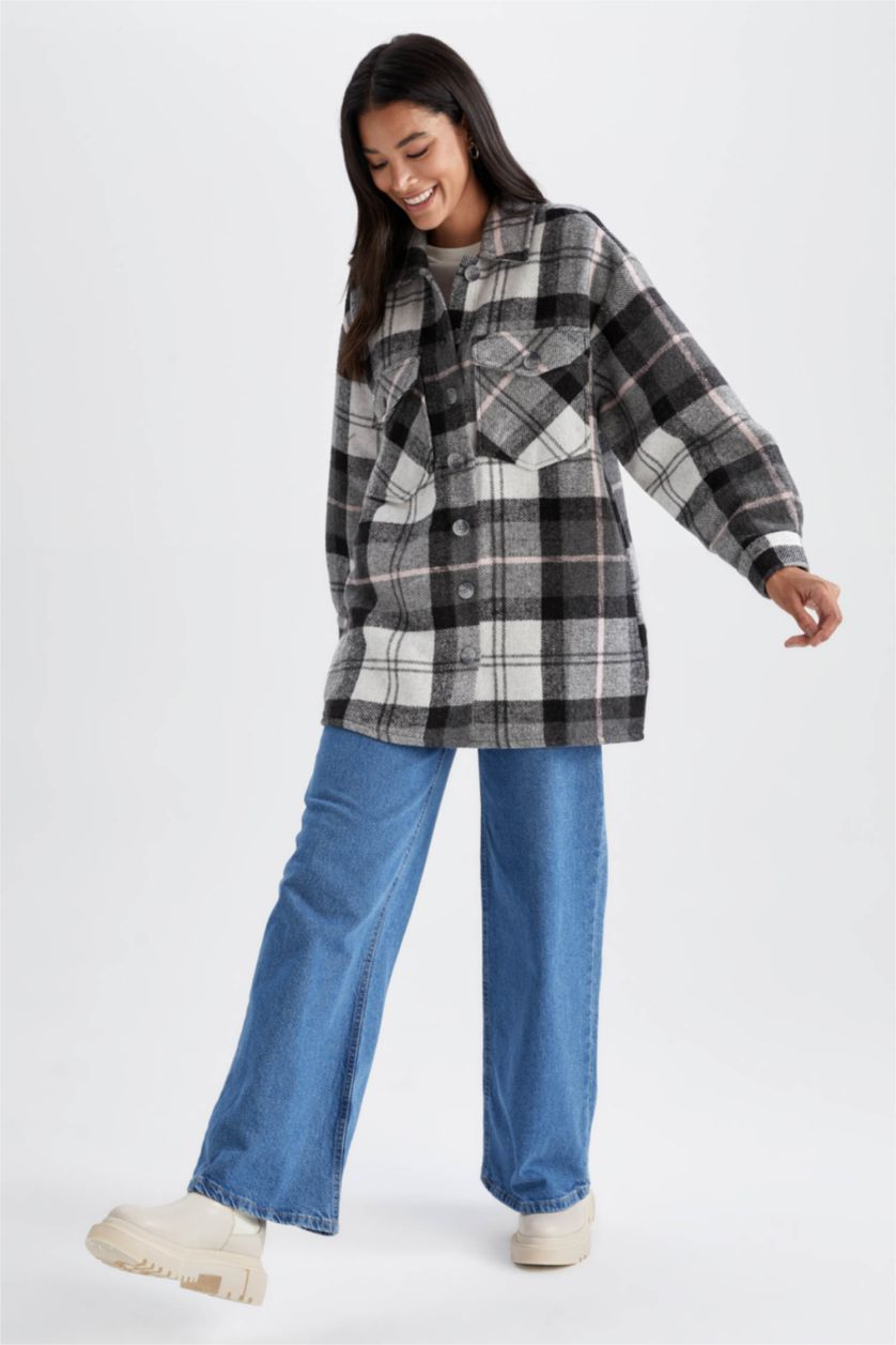 Woman Light Grey Relax Fit Shirt Collar Checked Long Sleeve Tunic