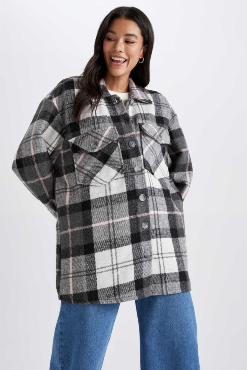 Woman Light Grey Relax Fit Shirt Collar Checked Long Sleeve Tunic