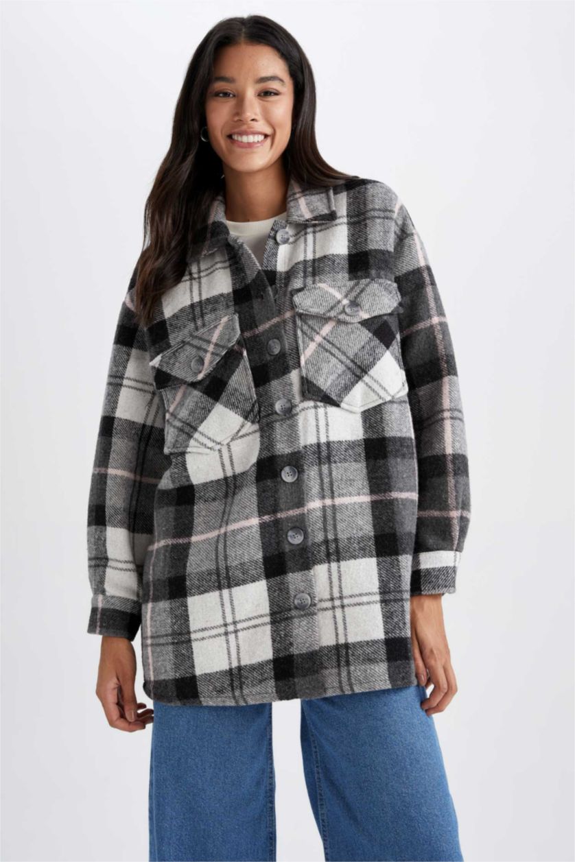 Woman Light Grey Relax Fit Shirt Collar Checked Long Sleeve Tunic