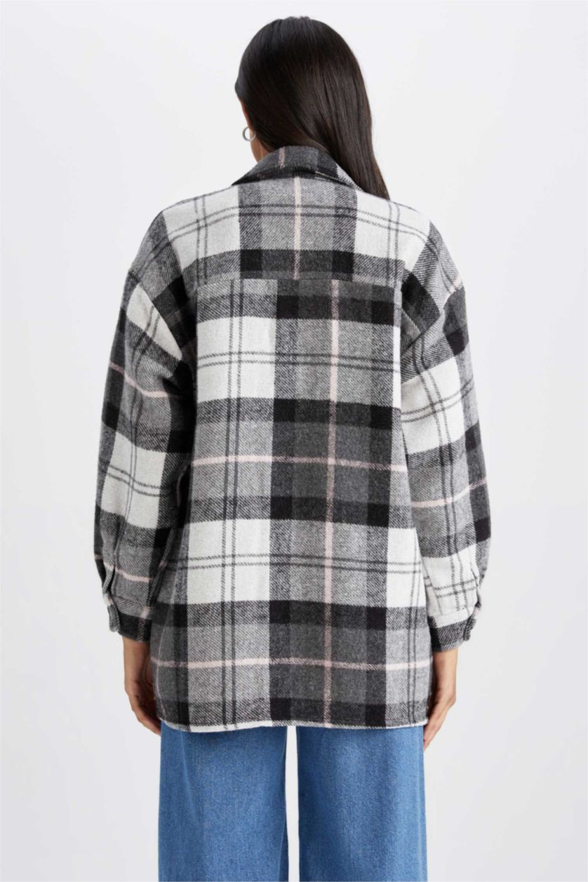 Woman Light Grey Relax Fit Shirt Collar Checked Long Sleeve Tunic