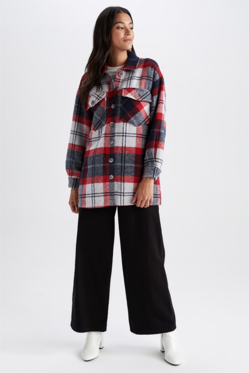 حريمي أحمر تونيك كم طويل فلانيل قصة مريحة