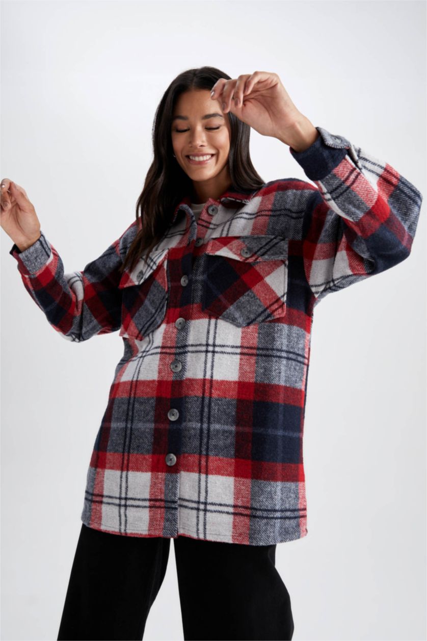 حريمي أحمر تونيك كم طويل فلانيل قصة مريحة