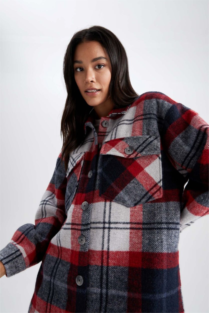 حريمي أحمر تونيك كم طويل فلانيل قصة مريحة