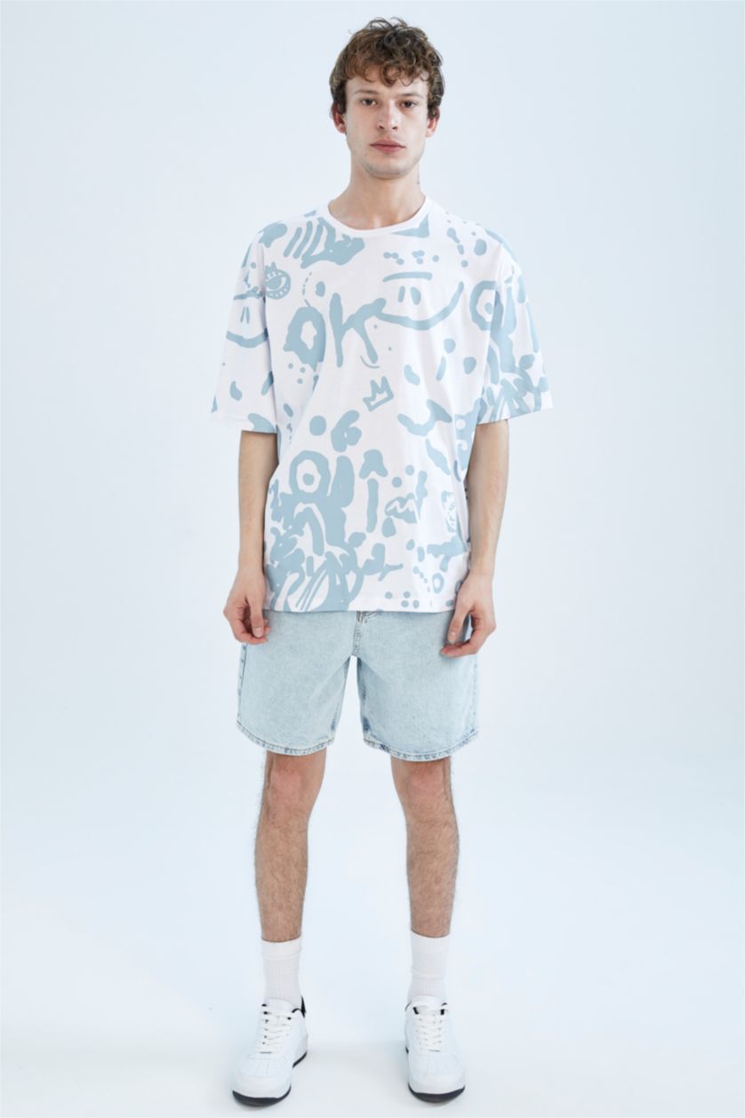 Erkek Beyaz Oversize Fit Bisiklet Yaka Baskılı %100 Pamuk Tişört