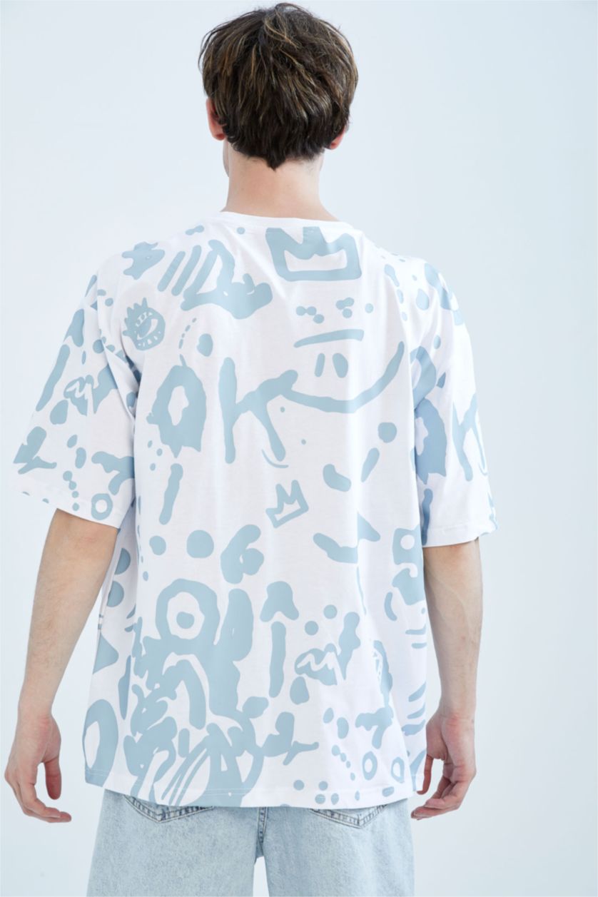 Erkek Beyaz Oversize Fit Bisiklet Yaka Baskılı %100 Pamuk Tişört