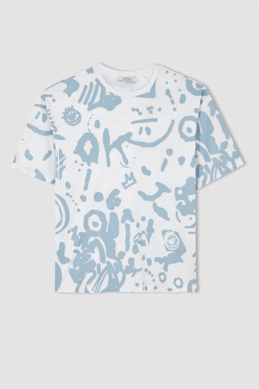 Erkek Beyaz Oversize Fit Bisiklet Yaka Baskılı %100 Pamuk Tişört