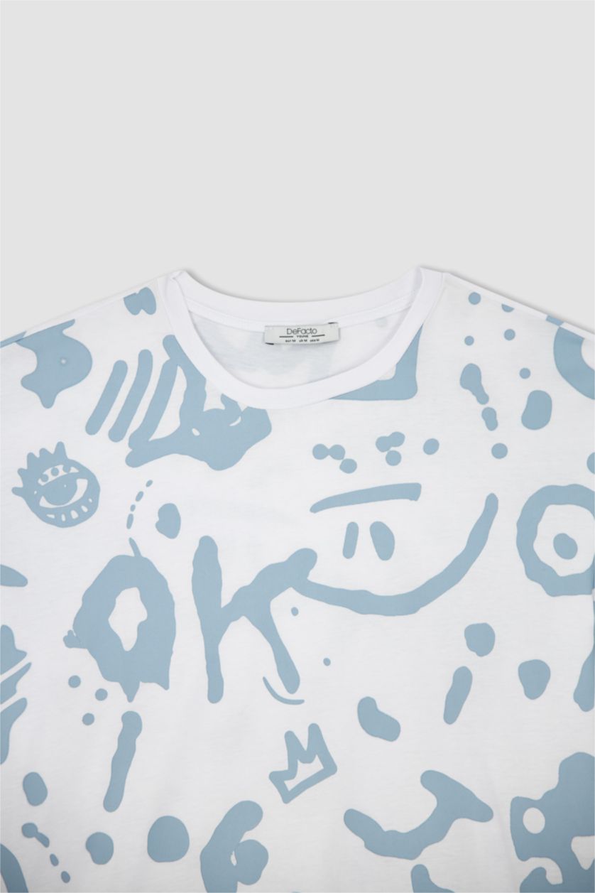 Erkek Beyaz Oversize Fit Bisiklet Yaka Baskılı %100 Pamuk Tişört