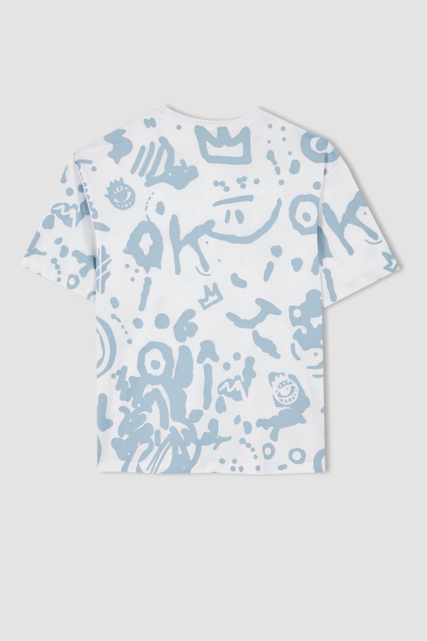 Erkek Beyaz Oversize Fit Bisiklet Yaka Baskılı %100 Pamuk Tişört