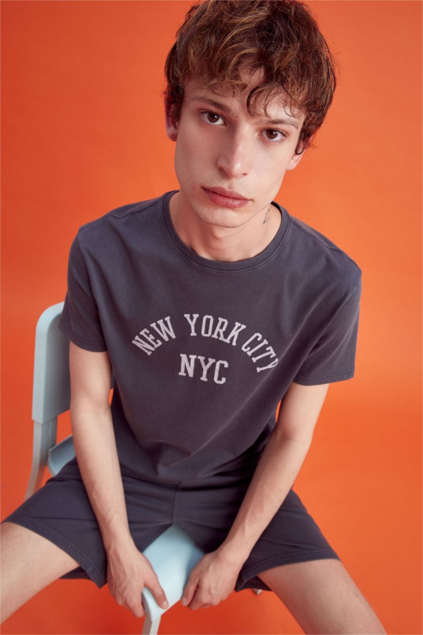 MAN Dark Anthracite Regular Fit Crew Neck Printed T-Shirt