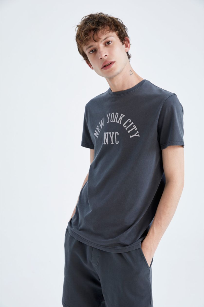 MAN Dark Anthracite Regular Fit Crew Neck Printed T-Shirt