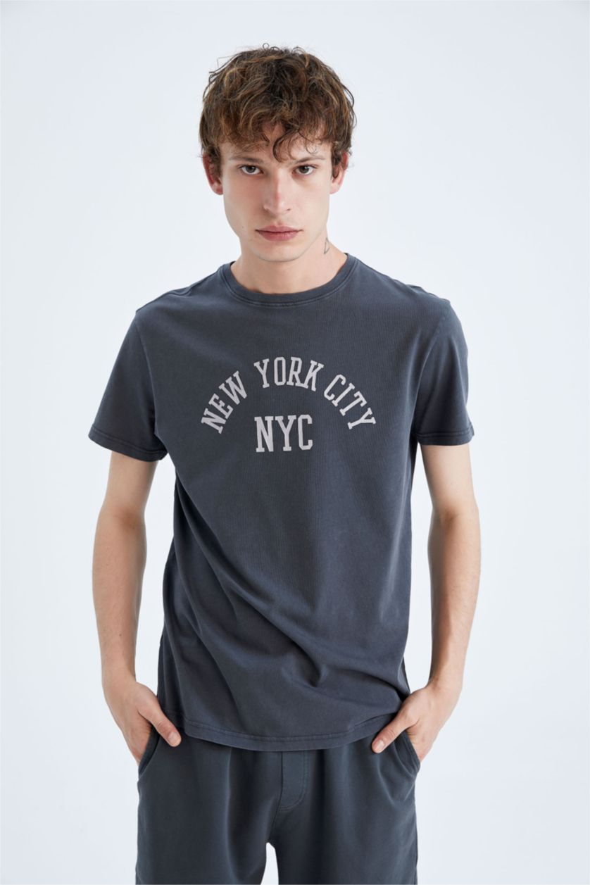 MAN Dark Anthracite Regular Fit Crew Neck Printed T-Shirt