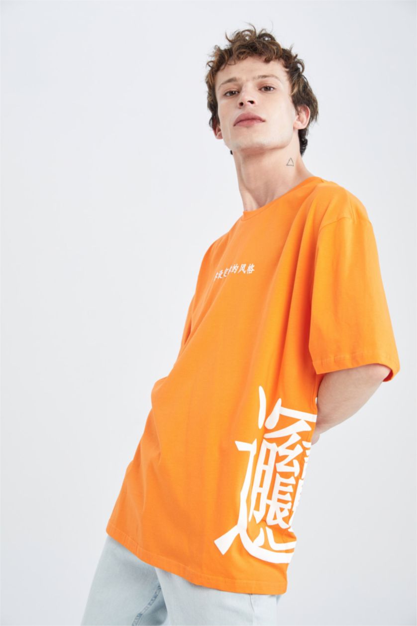 رجالي برتقالي تيشيرت نص كم اوفر سايز برقبة مستديرة