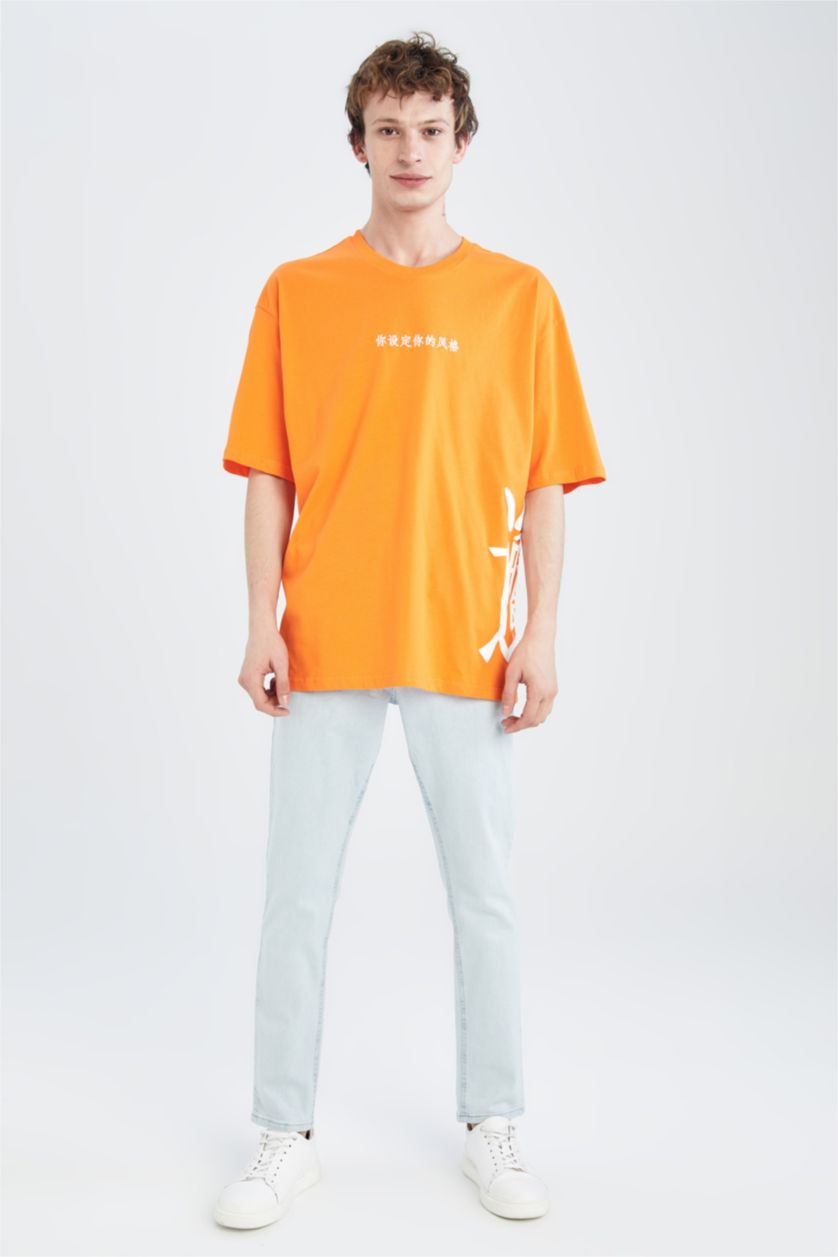 رجالي برتقالي تيشيرت نص كم اوفر سايز برقبة مستديرة