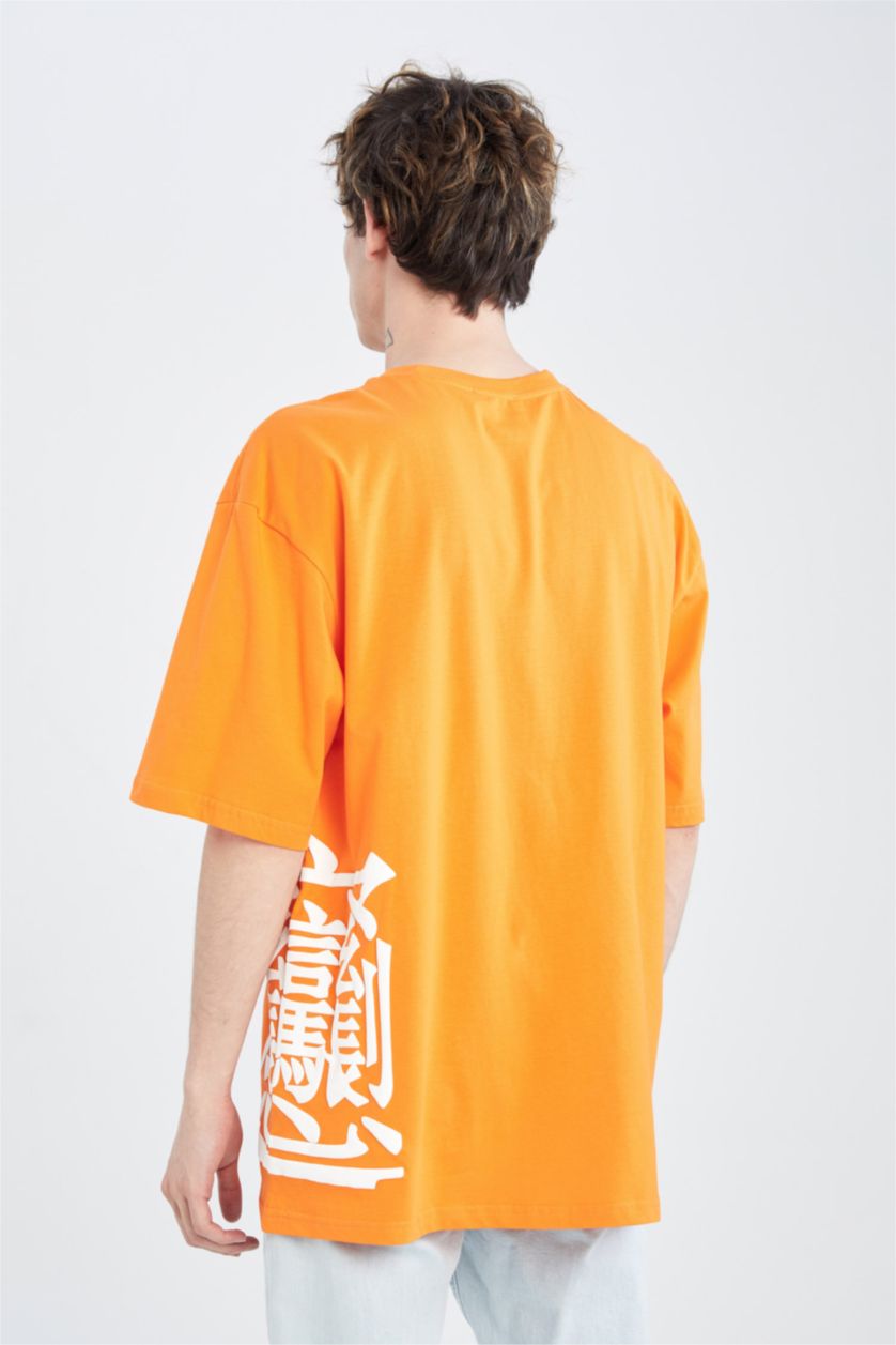 رجالي برتقالي تيشيرت نص كم اوفر سايز برقبة مستديرة